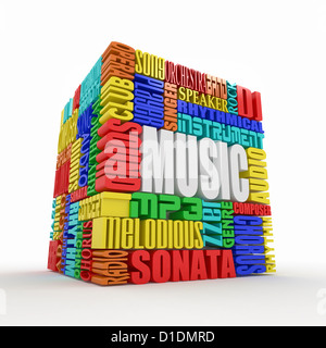 Musik. Das Konzept der Wörter auf weißem Hintergrund isoliert. 3D Stockfoto