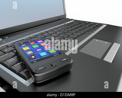 Verbinden. Laptop und Handy-Konzept auf weißem Hintergrund. 3D Stockfoto