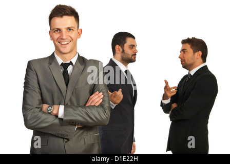 Glücklich Vorstand Man vor seinem team, die Gespräch isoliert auf weißem Hintergrund Stockfoto