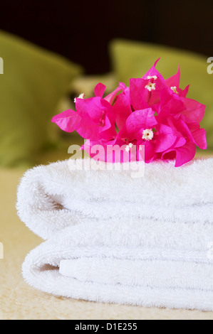 Weiße Handtücher mit Blumen auf einem Bett in einem Hotelzimmer. Selektiven Fokus auf Blumen. Stockfoto