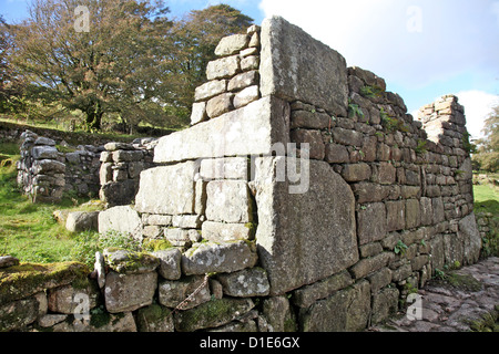 Zerstörten Mauern eines ehemaligen mittelalterlichen Dorfes am Challacombe, Dartmoor, Devon, England, Vereinigtes Königreich, Europa Stockfoto