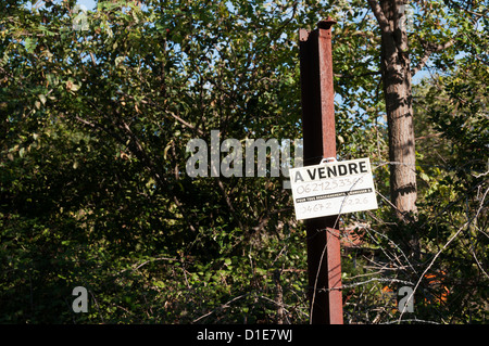 For Sale (A Vendre) Zeichen auf einem verwilderten Grundstück im Süden von Frankreich. Stockfoto