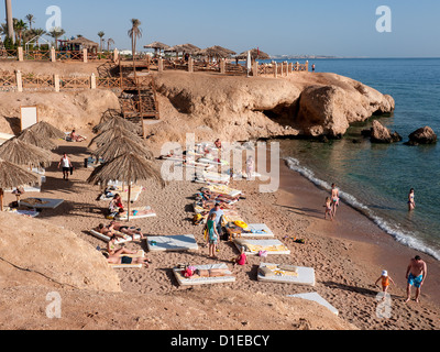 Ein privater Strand mit Liegewiese Matratzen bei Hilton Sharm Wasserfall Resort, Sharm El Sheikh, Ägypten Stockfoto