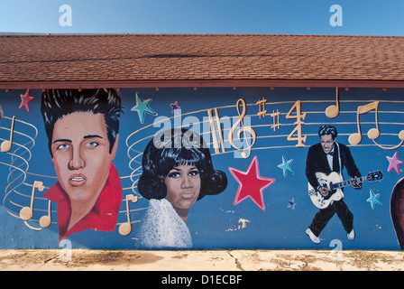 Elvis Presley, Aretha Franklin und Chuck Berry, Wandbild in Clovis in Great Plains-Gebiet von New Mexico, USA Stockfoto