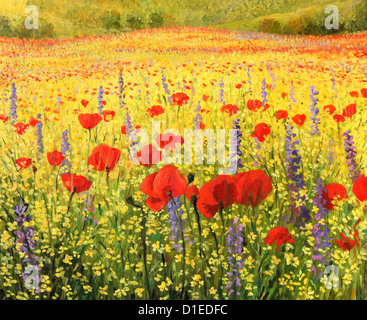 Ein Ölgemälde auf Leinwand eine bunte Landschaft im ländlichen Raum mit einem Feld voll von roten Mohnblumen, gelber Raps und Blauer Rittersporn. Stockfoto