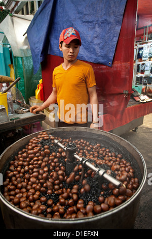 Mann, Kastanien rösten. Kuala Lumpur. Malaysien Stockfoto