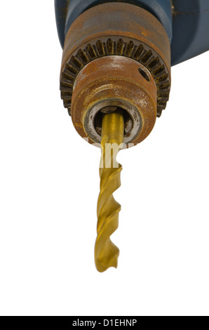 Rostige alte Bohrmaschine Kopf mit goldenen Bit Closeup isoliert auf weißem Hintergrund. Stockfoto