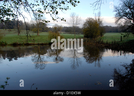 Blick auf Teich mit Bäumen Mitte Landschaft Sussex, UK Stockfoto