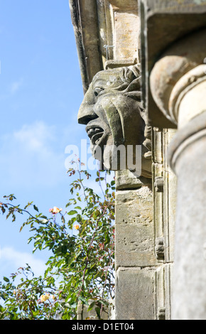 Wasserspeier an alte steinerne Gebäude im Garten mit Rosenbusch Stockfoto