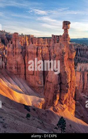 Reflektierende erste Licht erhellt die Hoodoos von Utah Bryce Canyon Nationalpark einschließlich der ikonischen Thors Hammer. Stockfoto