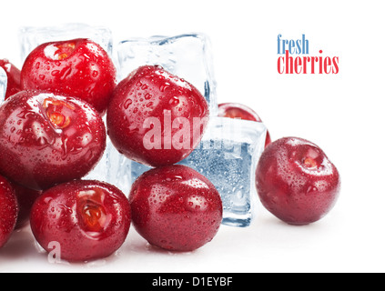 Ice Cherries. Fresh cherries with ice cube Stockfoto