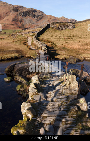 Slater-Brücke, alte steinerne Pack Pferd Brücke über Fluß Brathay in kleinen Langdale, Lake District, Cumbria, England, UK Stockfoto