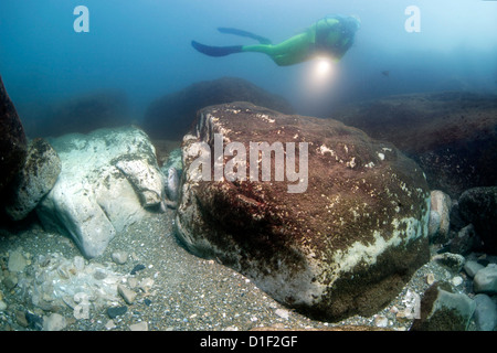 Taucher mit Marmor-Felsen, Caesarea Maritima, Mittelmeer, Israel, unter Wasser geschossen Stockfoto