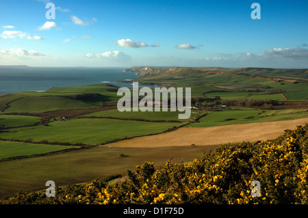 Blick vom Swyre Head, auf der Suche nach Westen, Overlooking Kimmeridge Bay und Smedmore House, Isle of Purbeck im Winter Januar 2005 Stockfoto