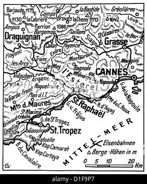 Deutsche Karte der Kampfzone mit alliierten Landeplätzen an der Westfront in Südfrankreich im August 1944. Fotoarchiv für Zeitgeschichte Stockfoto