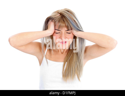 Frau, die schreckliche Kopfschmerzen Stockfoto