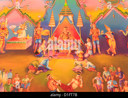 Traditionelle thailändische Malerei Kunst über Buddhismus Geschichte auf Tempelmauer, Thailand Stockfoto