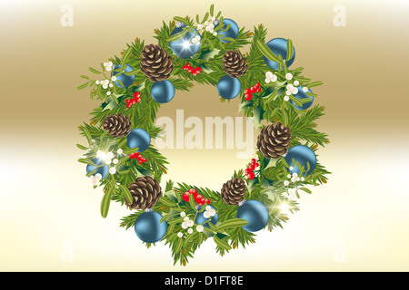 Dekorierten Adventskranz mit Kugeln, Mistel, Holly und Kiefer Kegel Stockfoto