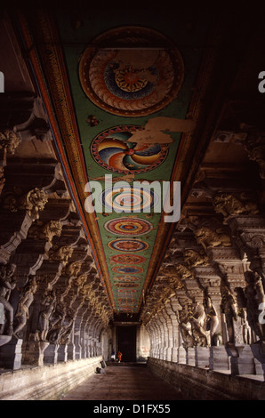 Der Korridor von 1000 Säulen des Ramanathaswamy-Tempels, der dem gott Shiva gewidmet ist, befindet sich auf Rameswaram und wird auch Pamban Island im Bundesstaat Tamil Nadu, Südindien, genannt Stockfoto