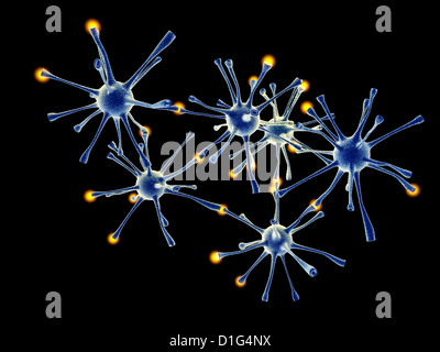 3D gerenderte Darstellung. Neuronale Zellen interagieren. Stockfoto