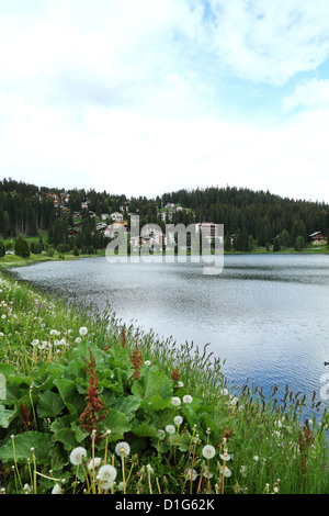 Blick über den oberen See (Obersee) in Arosa, Schweiz Stockfoto