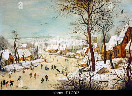 Pieter Brueghel der jüngere - Winterlandschaft mit Skatern und eine Vogel-Falle. Gemälde von einer holländischen Winterlandschaft. Stockfoto