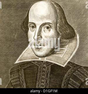 Shakespeare. William Shakespeare Porträt Kupferstich von Martin Droeshout als das Frontispiz des ersten Folio der gesammelten Werke im Jahre 1623 Stockfoto