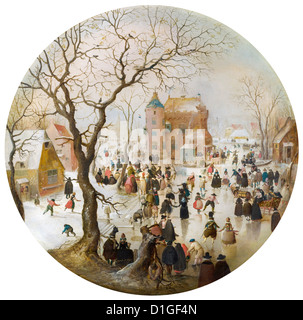 Hendrick Avercamp - A Winter-Szene mit Skatern in der Nähe einer Burg. Gemälde einer niederländischen Szene während der kleinen Eiszeit. Stockfoto