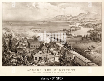Über den Kontinent nach Westen nimmt der Verlauf des Empire seinen Weg. Die Kolonialisierung des amerikanischen Westens. Most Famous Currier & Ives-Druck von Fanny Palmer. Stockfoto
