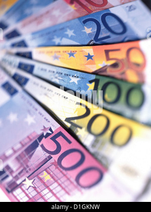 Euro Geld Banknoten verschiedener Konfessionen Stockfoto