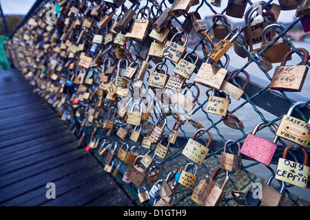 Liebe sperrt, eingeschriebene Vorhängeschlössern verschlossen, die Brücke Pont de Arts, Paris Frankreich Stockfoto