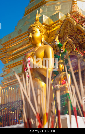 Blattgold Buddha und Weihrauch im Tempel Wat Doi Suthep, Chiang Mai, Thailand, Südostasien, Asien-sticks Stockfoto