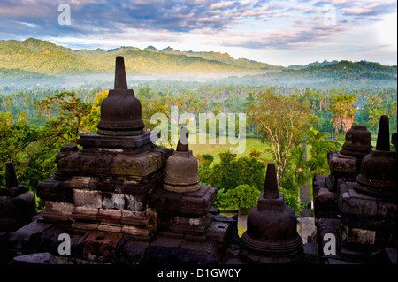 Stein-Stupa in Borobodur an einem nebligen Morgen bei Sonnenaufgang, Borobudur (Borobodur), Yogyakarta, Java, Indonesien, Südostasien, Asien Stockfoto