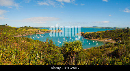 Panorama von Segelbooten auf Waiheke Island, Auckland, Nordinsel, Neuseeland, Pazifik Stockfoto