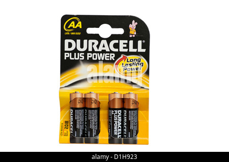 Packung mit 4 AA Duracell-Batterien Stockfoto