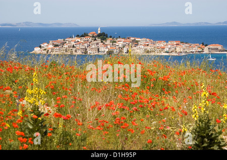 Elk192-2443 Kroatien, Dalmatien, Primosten, Ansicht der Stadt über Wasser mit roter Mohn Stockfoto