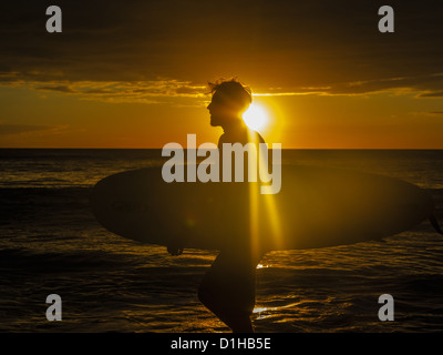 Silhouette Surfer mit Surfbrett am Strand wo gelbe Sonnenuntergang alles mit goldenem Glanz deckt Stockfoto