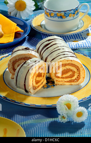 Roll-Schokolade-Kuchen mit Zuckerguss Stockfoto