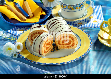 Roll-Schokolade-Kuchen mit Zuckerguss Stockfoto