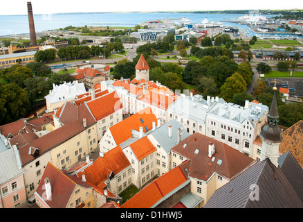 Dächer der Altstadt von Tallinn, der Hauptstadt von Estland. Im Hintergrund ist der Hafen von Tallinn. Stockfoto