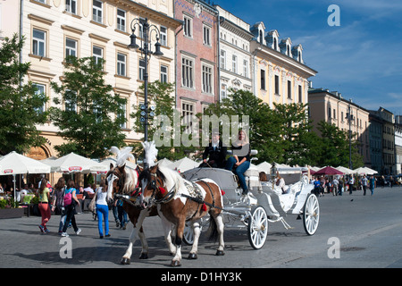 Gebäude und Pferd und Kutsche am Rynek Glówny, dem Hauptplatz in Krakau in Südpolen. Stockfoto