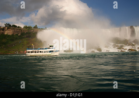 Das Mädchen des Nebels navigiert kabbeliges Wasser an der Unterseite der Niagarafälle. Stockfoto