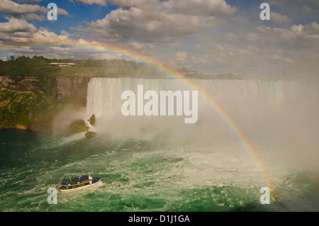 Das Mädchen des Nebels navigiert kabbeliges Wasser an der Unterseite der Niagarafälle. Stockfoto