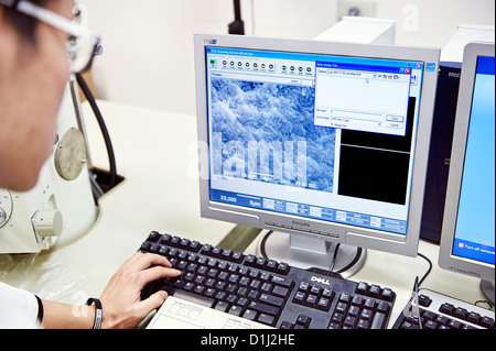 Ein Labor-Mitarbeiter prüft ergibt sich aus einem Reagenzglas Rührwerk Stockfoto