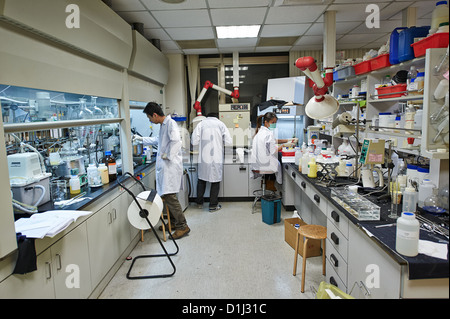 Herstellung von Lab Arbeiter erforschen Zutaten und Chemikalien in einem Textil und Stoff Stockfoto
