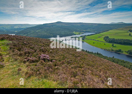 Ladybower Vorratsbehälter von Whinstone Lee Tor im Peak District mit Win Hill in der Ferne gesehen. Stockfoto