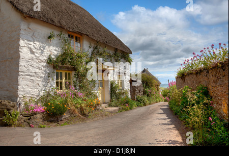 Reetdachhaus mit hübschen Blumen, Devon, England. Stockfoto