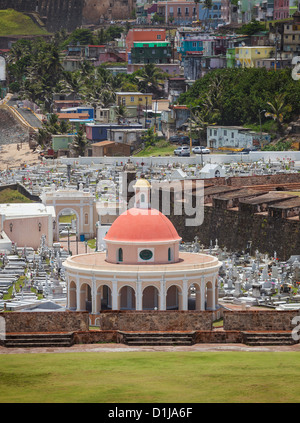 Cementerio de Santa Maria Magdalena de Pazzis, einem Friedhof in old San Juan, La Perla Bezirk im Hintergrund, Puerto Rico Stockfoto