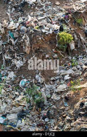 Weggeworfene Müll mit Plastiktüten in der indischen Landschaft Stockfoto