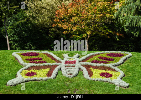 Schmetterling-Design mit Teppich Bettwäsche auf Rasen im Jardin des Plantes, Rouen, Normandie, Frankreich Stockfoto